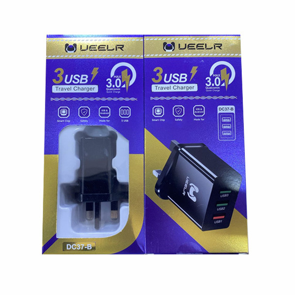 Ueelr 3 USB Travel Charger, 3.0 Max Qualcomm Quick Charge, Black Color, Model No. DC37-B