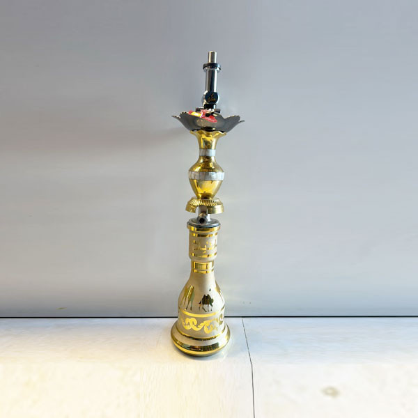 Taha Hookah Super VIP with Golden Color Base Bottle, Decorated with Camels & Lines, Golden Color Metallic Body & Metallic Flower Style Tray