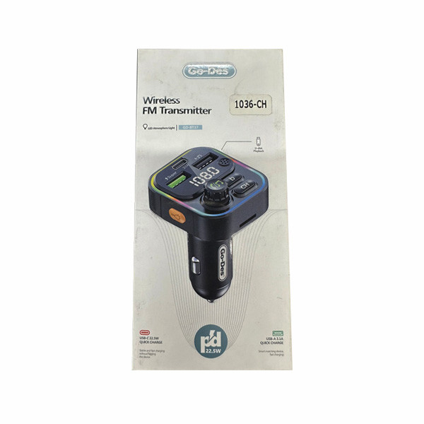 Go-Des Car Charger Wireless FM Transmitter Type-C + USB Fast charge+ Auto USB+RGB Model No. GD-BT37