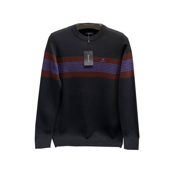 Gant Casual Fit Sweater for Men with Fat Horizontal Double Colored Lines in 3 Combination Colors (Bordeaux & Yellow, Gray & Brown,  Black & White)