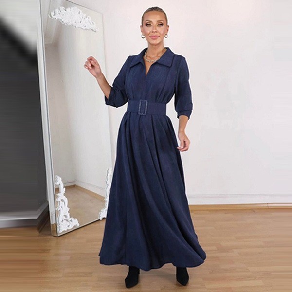 Belted navy blue long-sleeved long dress