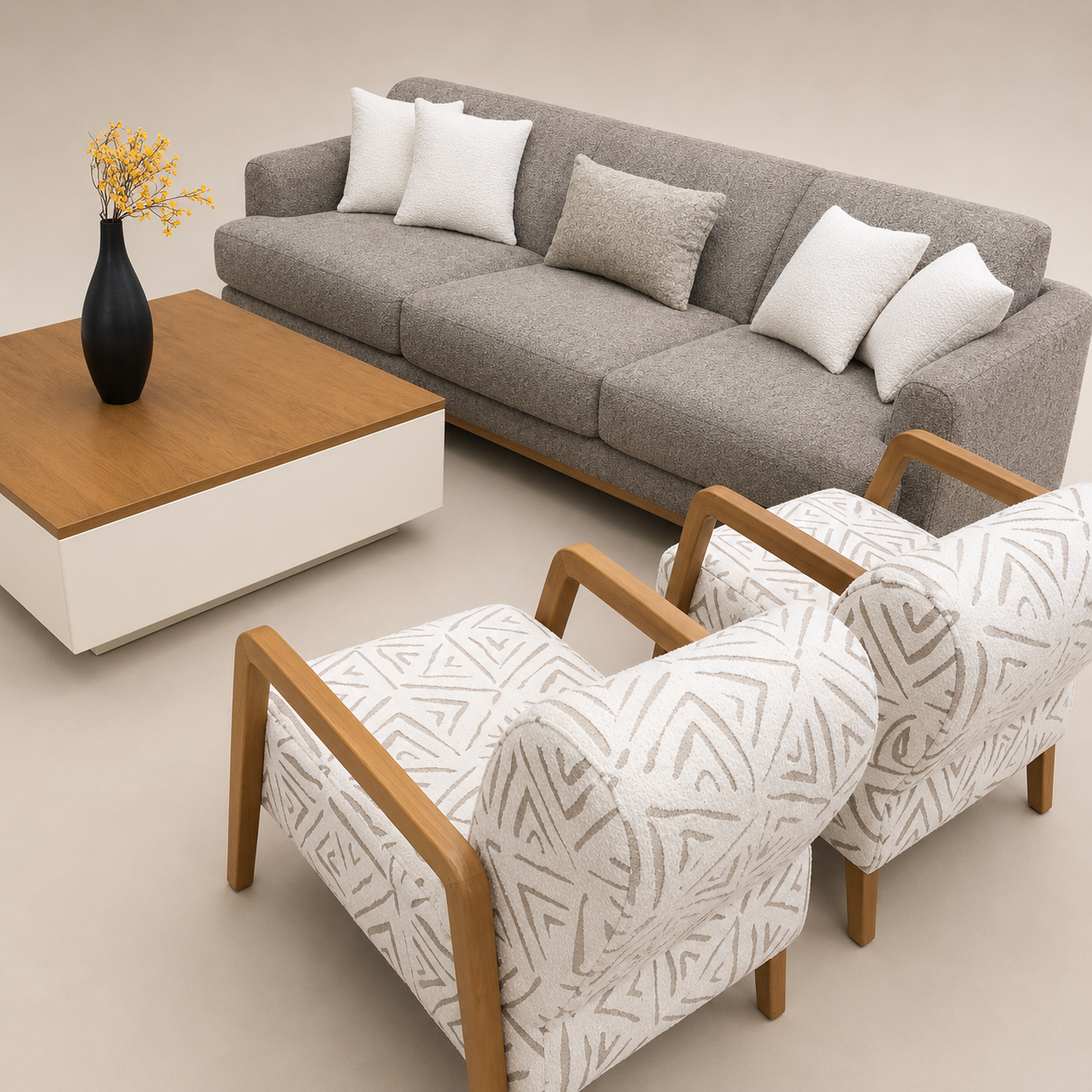 Modern Boucle 4-Seater Sofa & Geometric Patterned Wooden Armchair Living Room Set