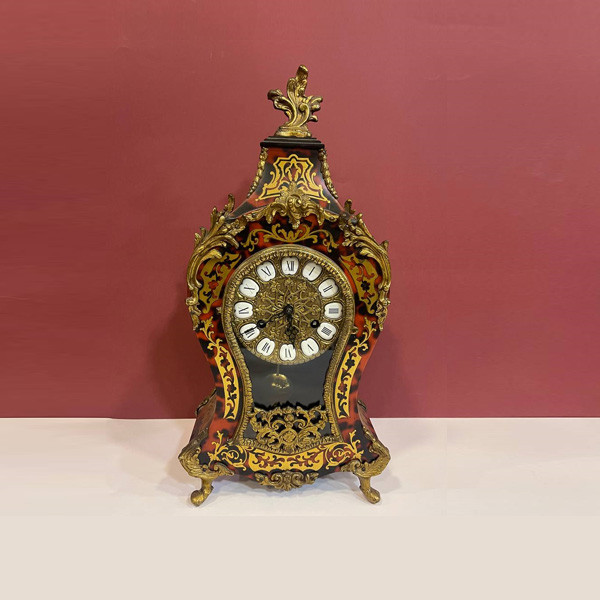 Collectible Bronze & Wooden Table Clock with Bronze Reliefs (The Wood is Dark & Light Brown Colored)
