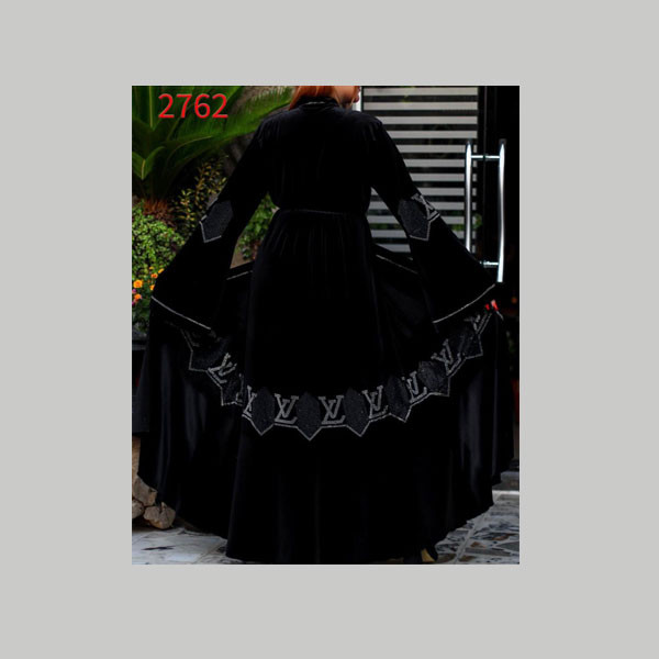Fallaha New Collection Single Black Color Abaya with Black Fabric Belt & Gray Color Louis Vuitton Embroidered Logo in the back & 2 Shoulders Model No. 2762