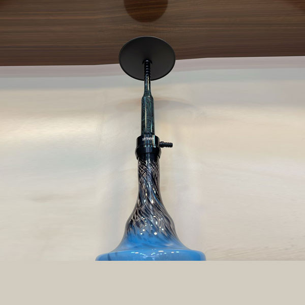 Al Amasi Single Hose Hookah, with Black Metallic Body Covered with Green Line Designs, Black Metallic Top Tray & Blue-Black Color with Designs Glass Base