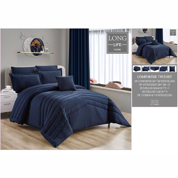 Long Life Home Comforter Set of 7 pieces (Comforter, Filted Sheet, 2 Pillow Cases, 2 Pillow Shams, Cushion) in many Colors & Designs