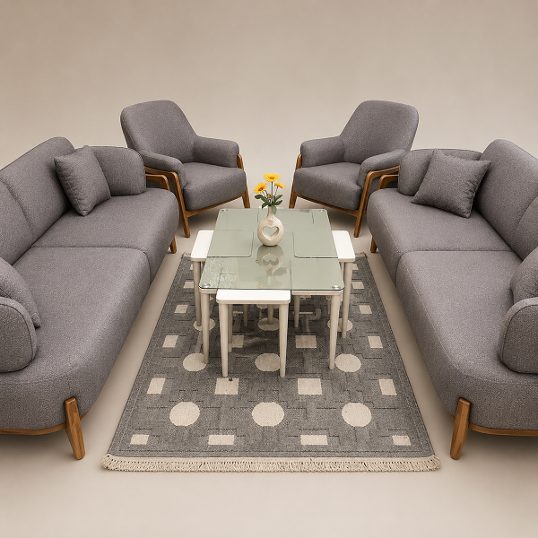 Scandinavian Wooden Frame Fabric Sofa & Armchair Living Room Set