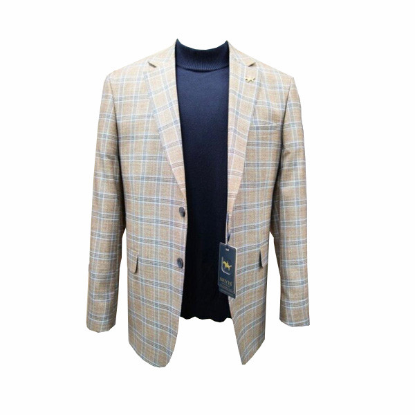 Seyis Sport Beige Gray Color Suit Jacket with Blue Vertical & Horizontal Stripes & Brown Shades - for Men