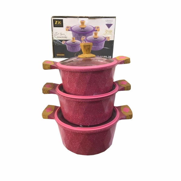 Zio Casserole Diamond Set 9pcs Granit Line Series, 3 Gift Pcs, in Purple Light & Dark Color with Wooden Handles Model No. Z-8180-28