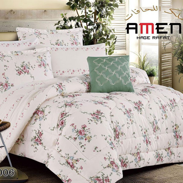 Amen Hage Rafat Bed Set of 7 pieces Double Face, White-Pink Shadows Color Decorated with Flowers, Model No. SILLA-006